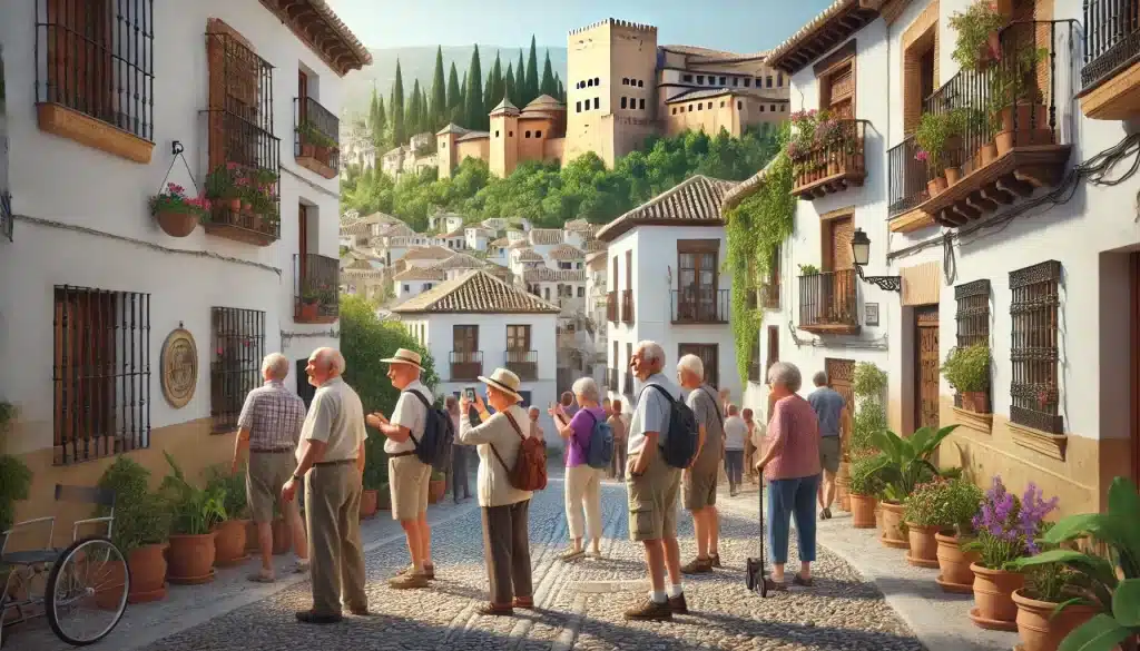 Un grupo de personas mayores disfruta de una visita guiada por el Albaicín con vistas a la Alhambra de Granada.