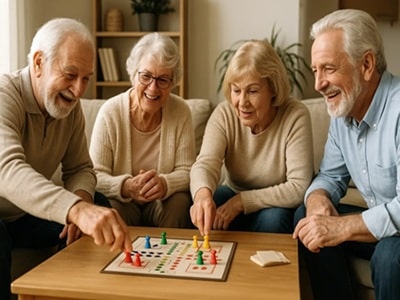 Cuatro personas mayores riendo y jugando a juegos de mesa para mantener su mente activa a partir de los 60 años