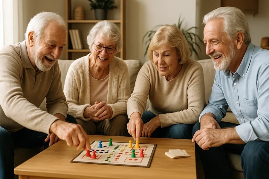Cuatro personas mayores riendo y jugando a juegos de mesa para mantener su mente activa a partir de los 60 años

