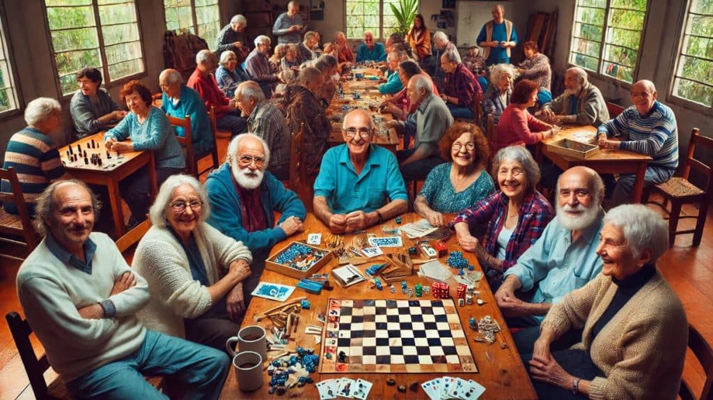 Grupo de ancianos divirtiéndose con juegos de mesa
