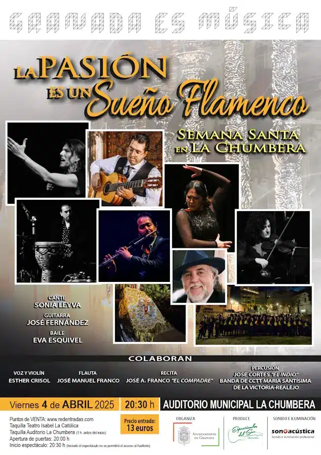 Cartel flamenco: collage de imágenes de los artistas de la obra "La Pasión es un Sueño Flamenco", Churriana de la Vega