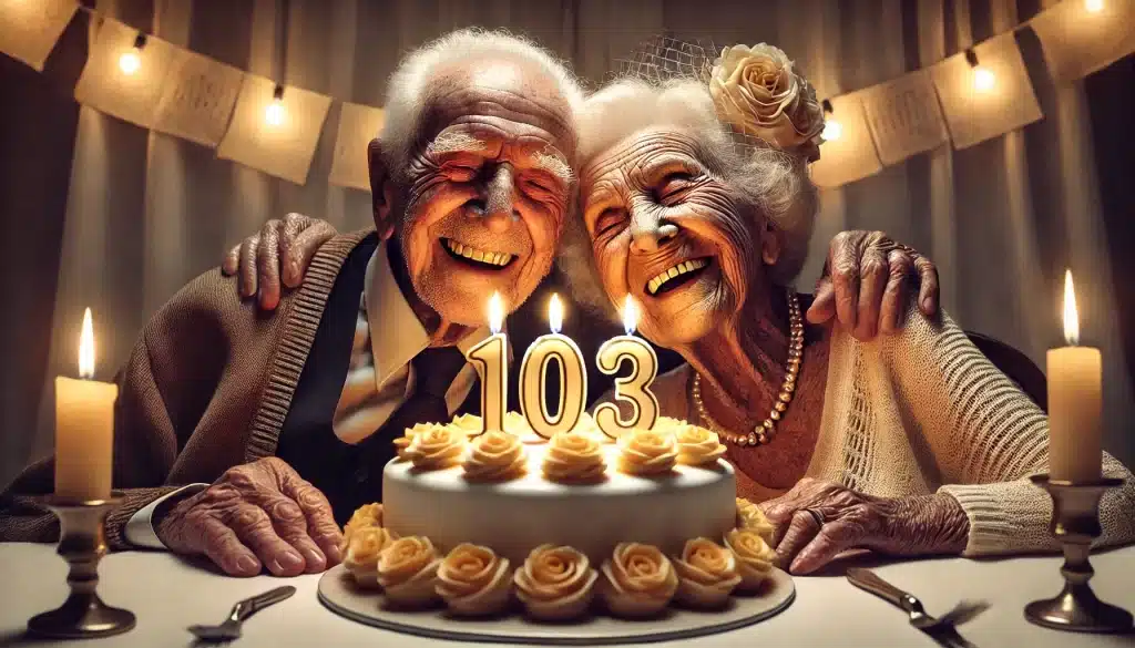 Dos ancianos abrazados celebrando su 103 cumpleaños