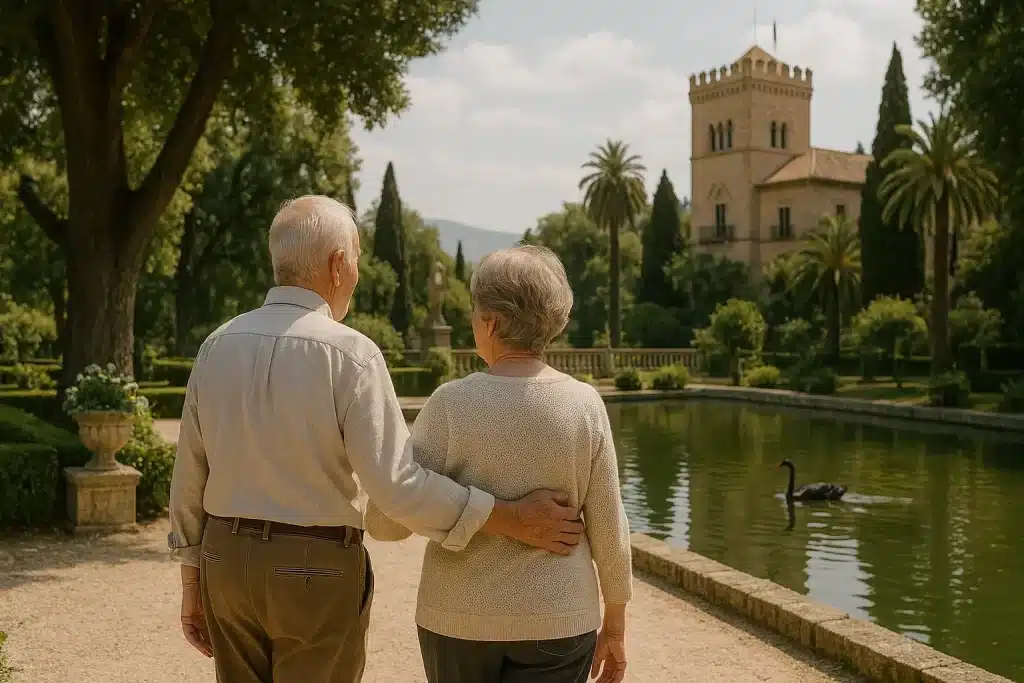 Pareja de personas mayores disfrutando de un paseo entre jardines en el Carmen de los Mártires, Granada