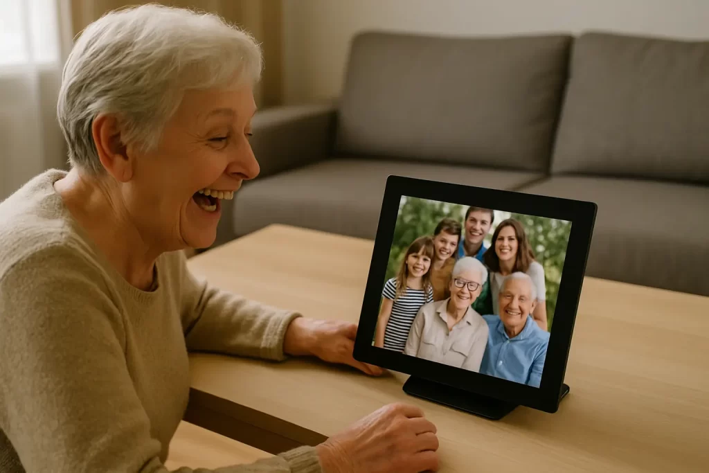 Señora mayor sonriente sentada en su salón mientras observa fotos familiares en un marco digital inteligente