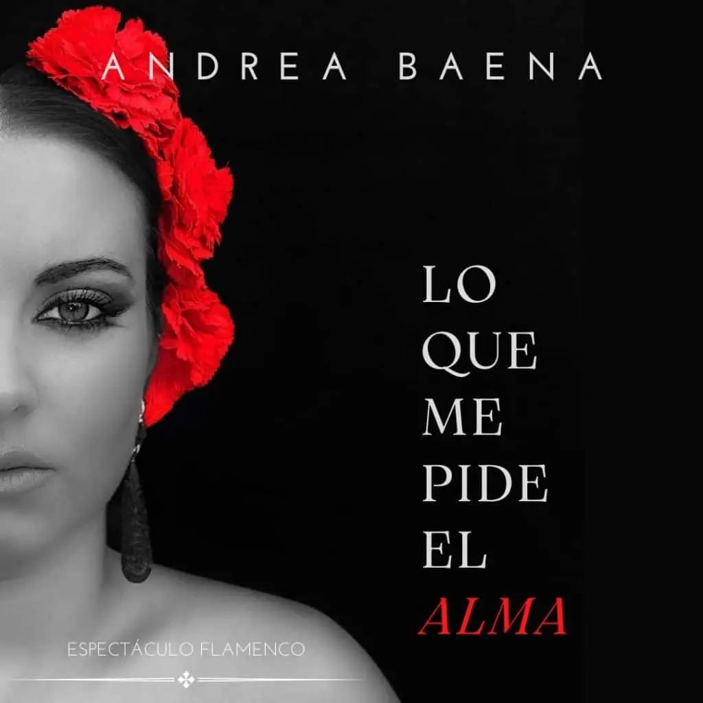 Bailaora flamenca con tocado de rosas rojos en el pelo, iluminada por luces cálidas. Cartel del espectáculo 'Lo que me pide el alma', 5 abril 2025 en Armilla (Granada). Entradas desde 3€