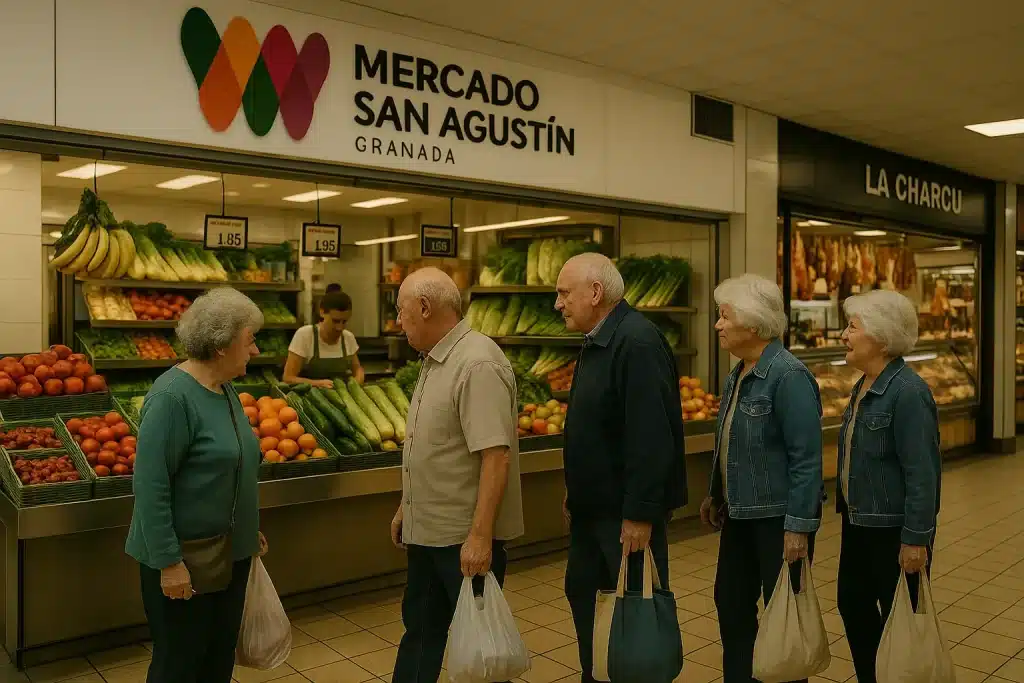 Tres mujeres y dos hombres mayores de 70 años sonrientes comprando fruta y verdura en el Mercado de San Agustín de Granada. Sostienen una bolsa de tela reutilizable llena de alimentos frescos, mientras comparan precios en un puesto con carteles de 'Naranjas 1,20€/kg' y 'Descuento mayores miércoles 10%'. Al fondo, puestos de charcutería.