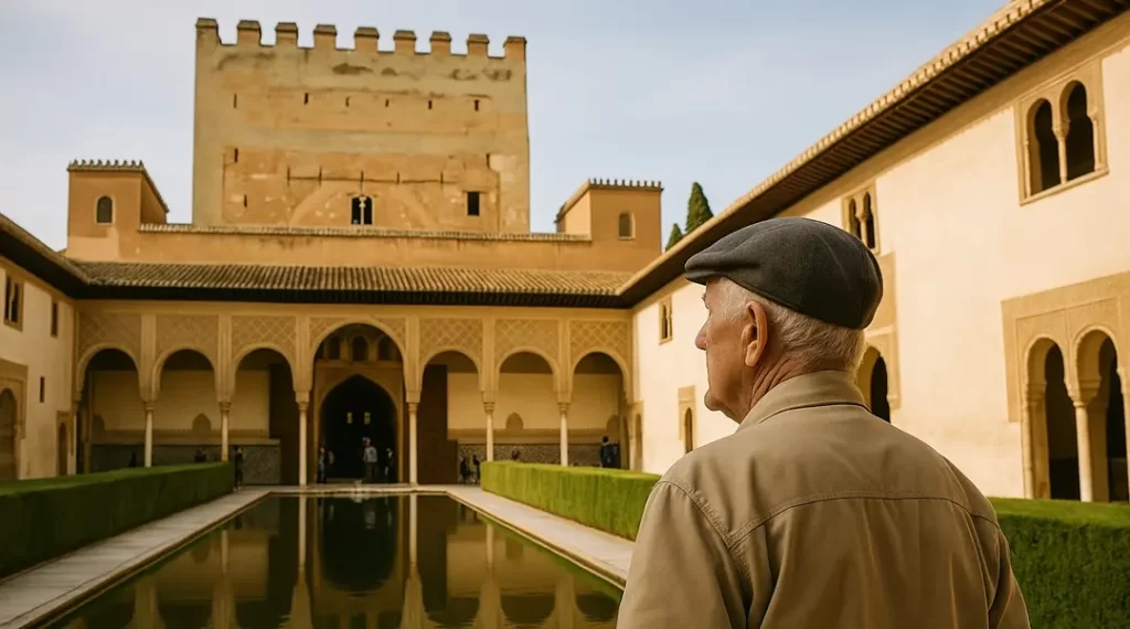 Hombre mayor caminando por los jardines de la Alhambra durante una visita cultural en Granada