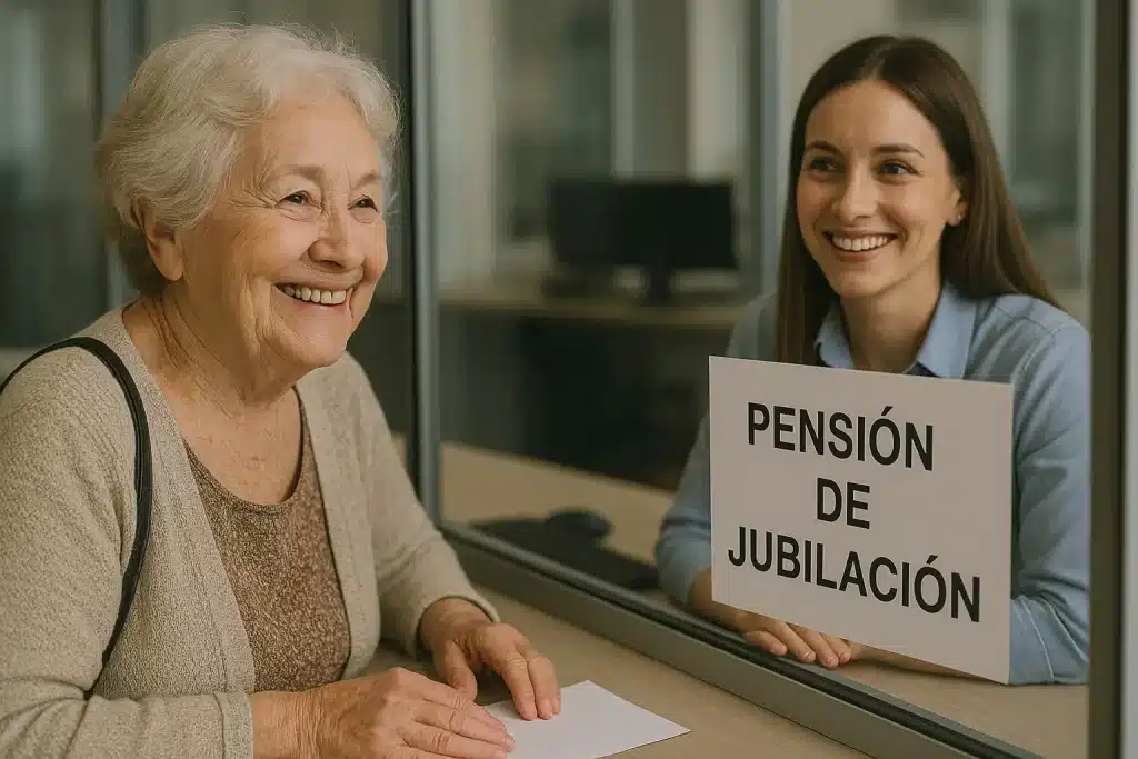 Señora mayor realizando trámite de pensión en oficina de la Seguridad Social de Granada con una asesora