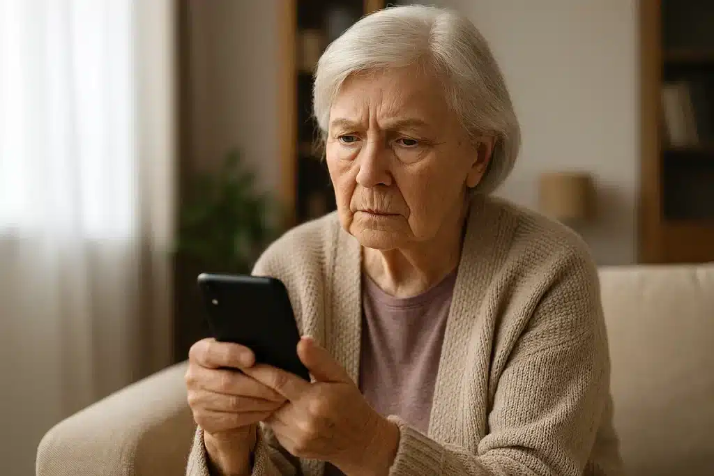 Mujer mayor mirando con atención su teléfono móvil, con expresión de duda. Imagen relacionada con la prevención de fraudes financieros en personas mayores en Granada