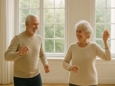 Dos personas mayores bailando felices en un amplio salón, disfrutando de los beneficios del baile en la tercera edad