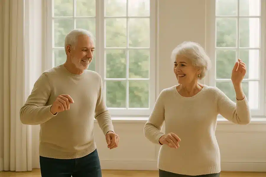 Dos personas mayores bailando felices en un salón luminoso, disfrutando de los beneficios del baile en la tercera edad